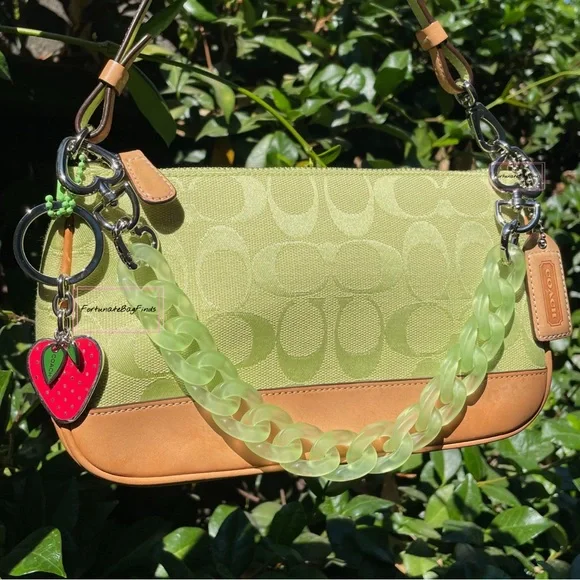 Green Y2K Vintage Coach 6094 Demi Pochette Pouch Mini Bag Strawberry Charm SET - Picture 1 of 14